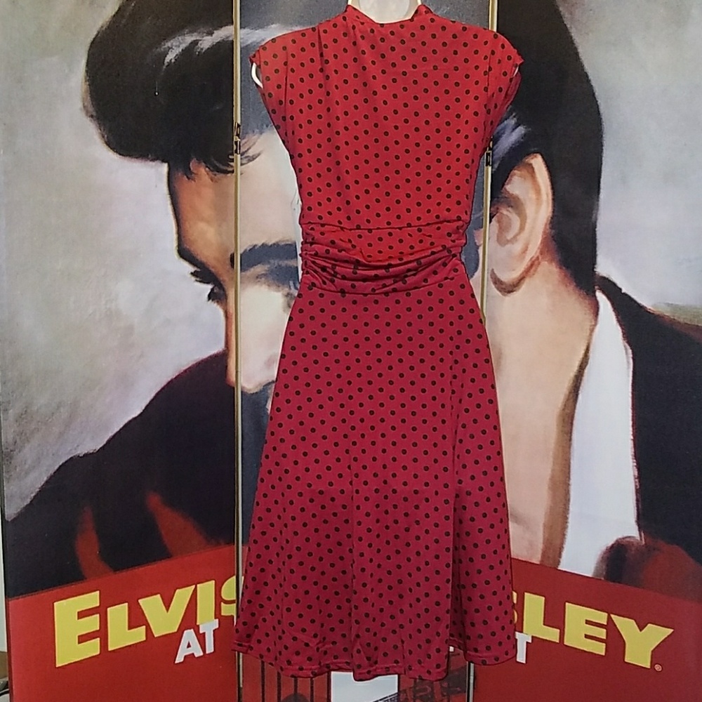 Lindy Bop Dottie Retro 1940's Red w Black Polka Dots Tea Dress w Tied Bow Collar - Picture 7 of 8